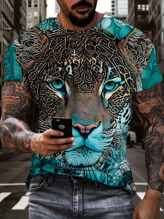 T Shirt Men Leopard Teal Blue Graphic Print Fashion Short Sleeve Lightweight Tee