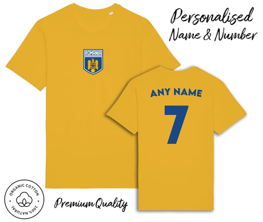 Romania Flag T-Shirt 2024 Personalised Name & No Adult Kids Baby, Football Euro