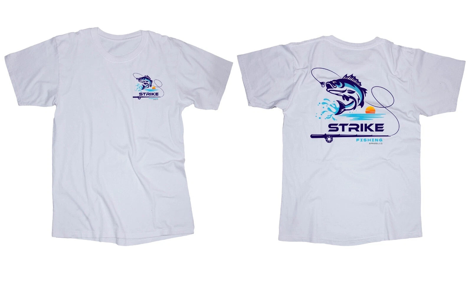 STRIKE Fishing white t-shirt Bass Fish Apparel Co. Boating Sunset