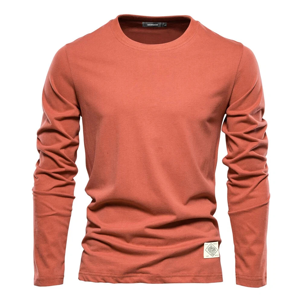 Men's Long Sleeve Cotton T-Shirt Casual Solid O-Neck Tee Lightweight Breathable