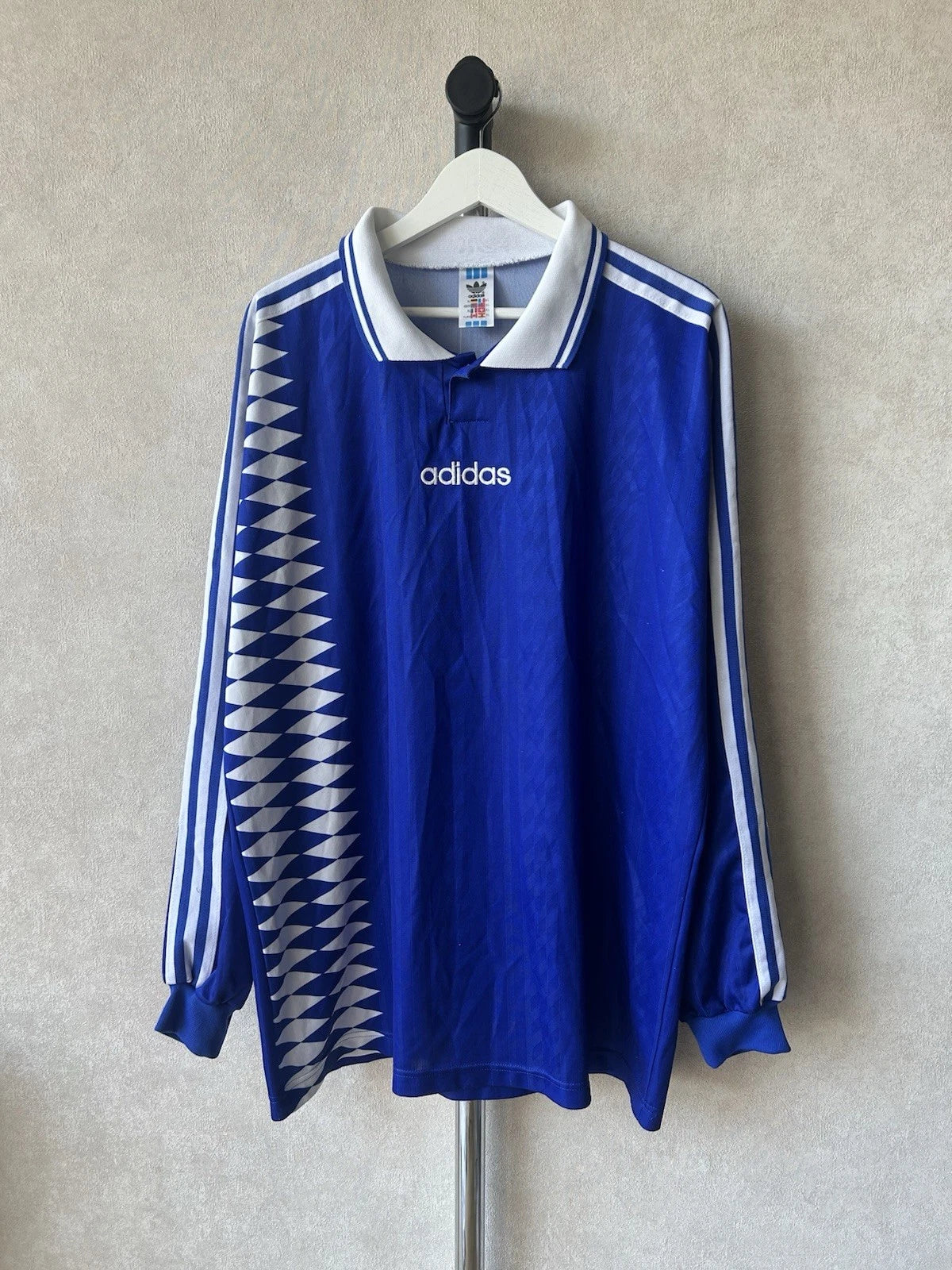 Vintage 90s Adidas Diamond Print Blue Long Sleeve Soccer Jersey Size XLarge