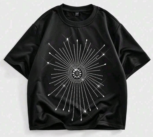 New Men Women Luxury Diamond Rhinestones Fashion Black T-Shirt High Quality
