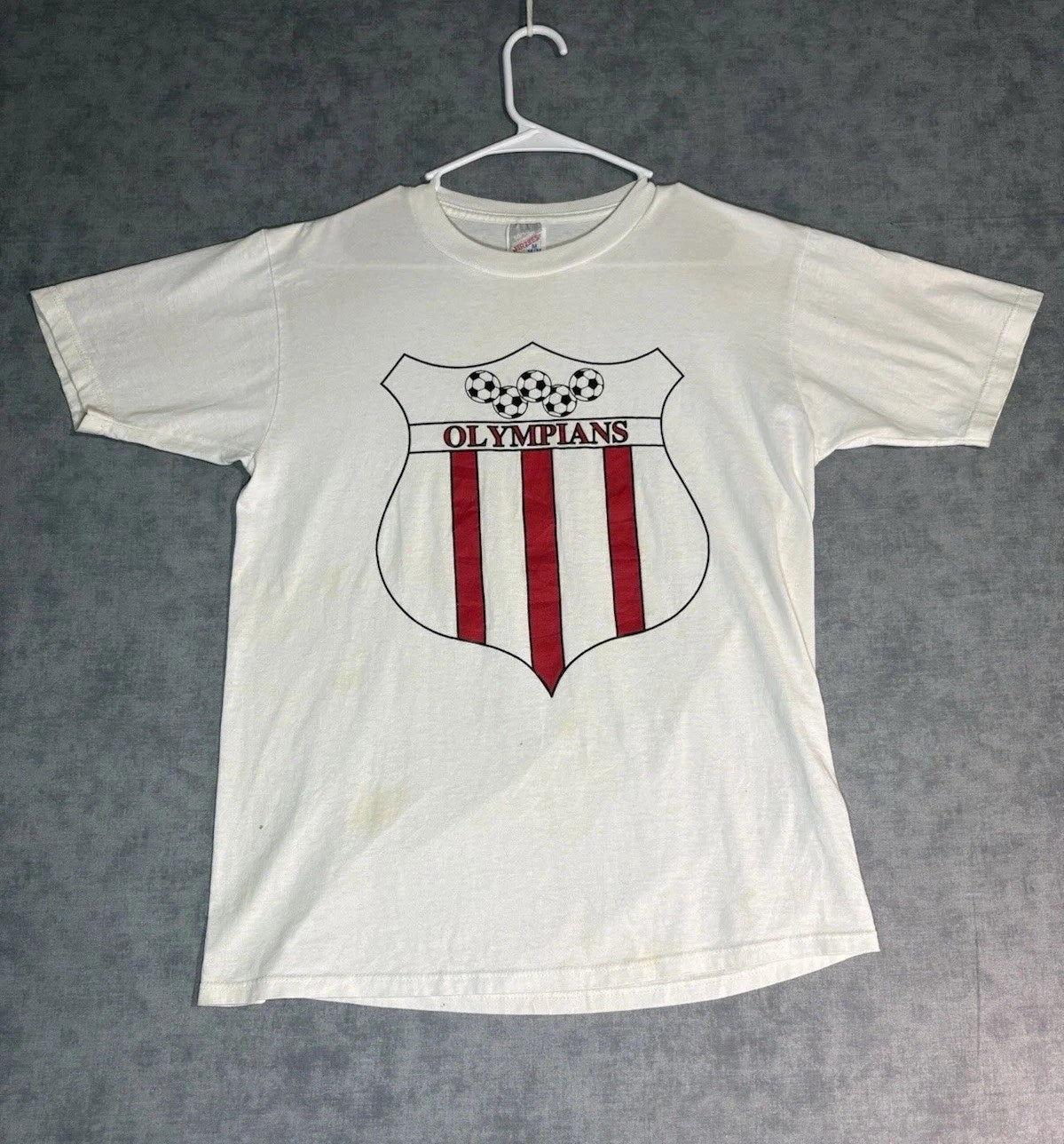Vintage Olympians Soccer T-Shirt Jerzees USA Made 50/50 Medium Distressed