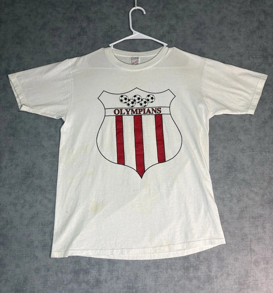 Vintage Olympians Soccer T-Shirt Jerzees USA Made 50/50 Medium Distressed