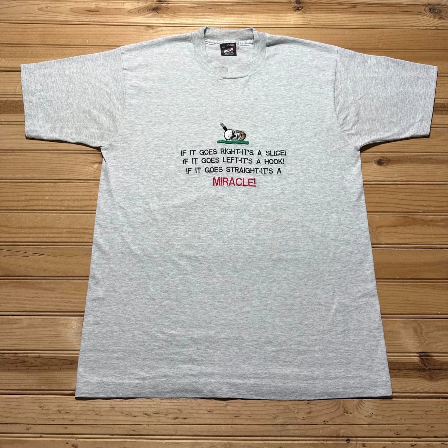 Vintage 90s Golf Miracle Humor Funny Embroidered Graphic T-Shirt USA - Large