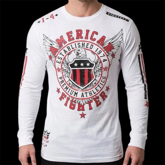 AMERICAN FIGHTER White EXCELSIOR  Athletic Graphic Long Sleeve T-shirt NWT