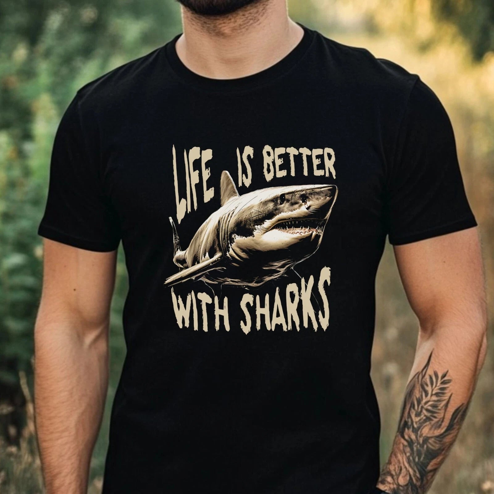 Mens Funny Shark Print Cotton T-Shirt Size XS to 5XL