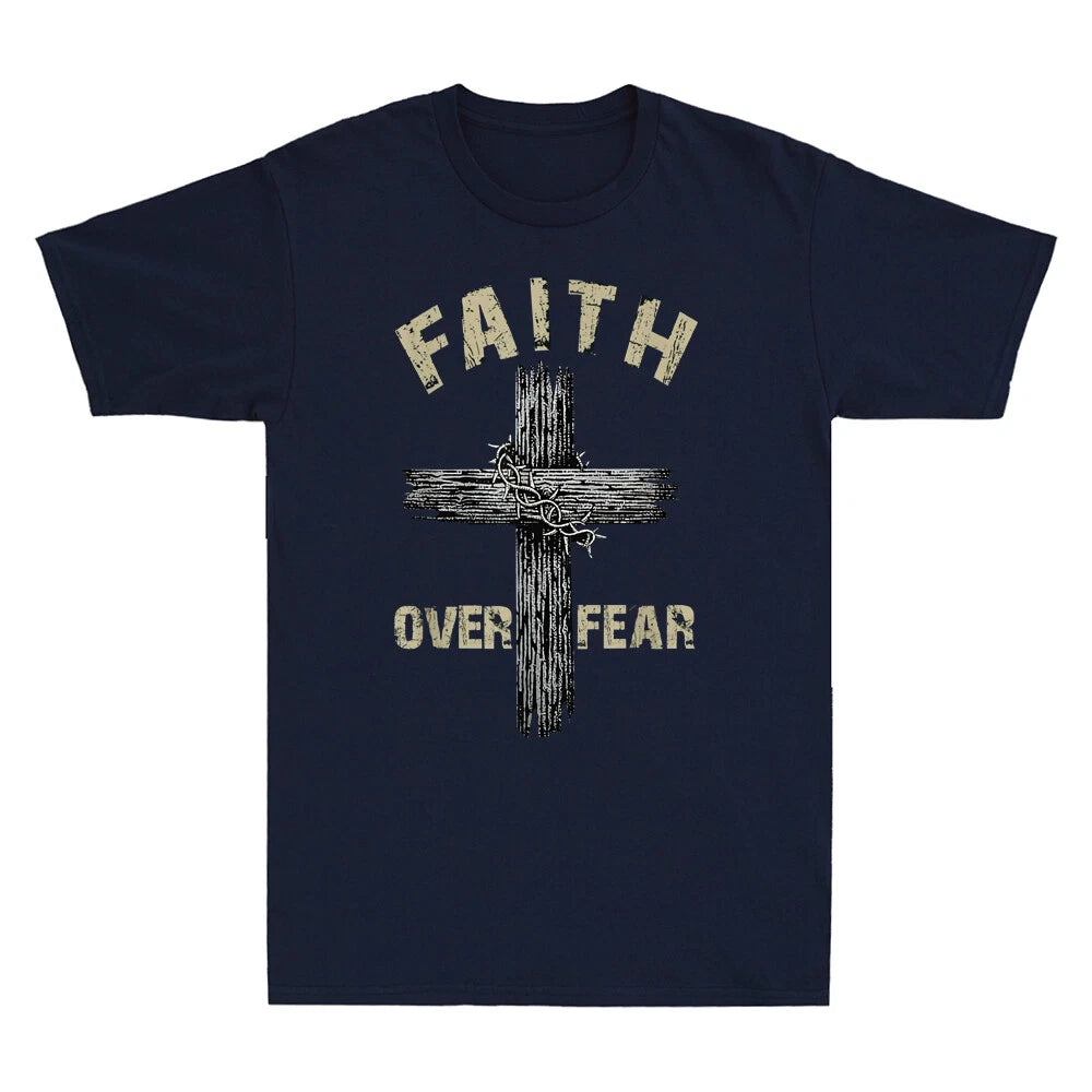 Jesus Christ Cross Faith Over Fear Quote Saying Christian Retro Men's T-Shirt