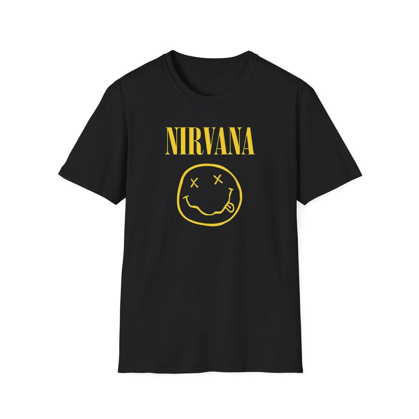 Nirvana Vintage smiley logo T-Shirt | Grunge band tee, yellow on black