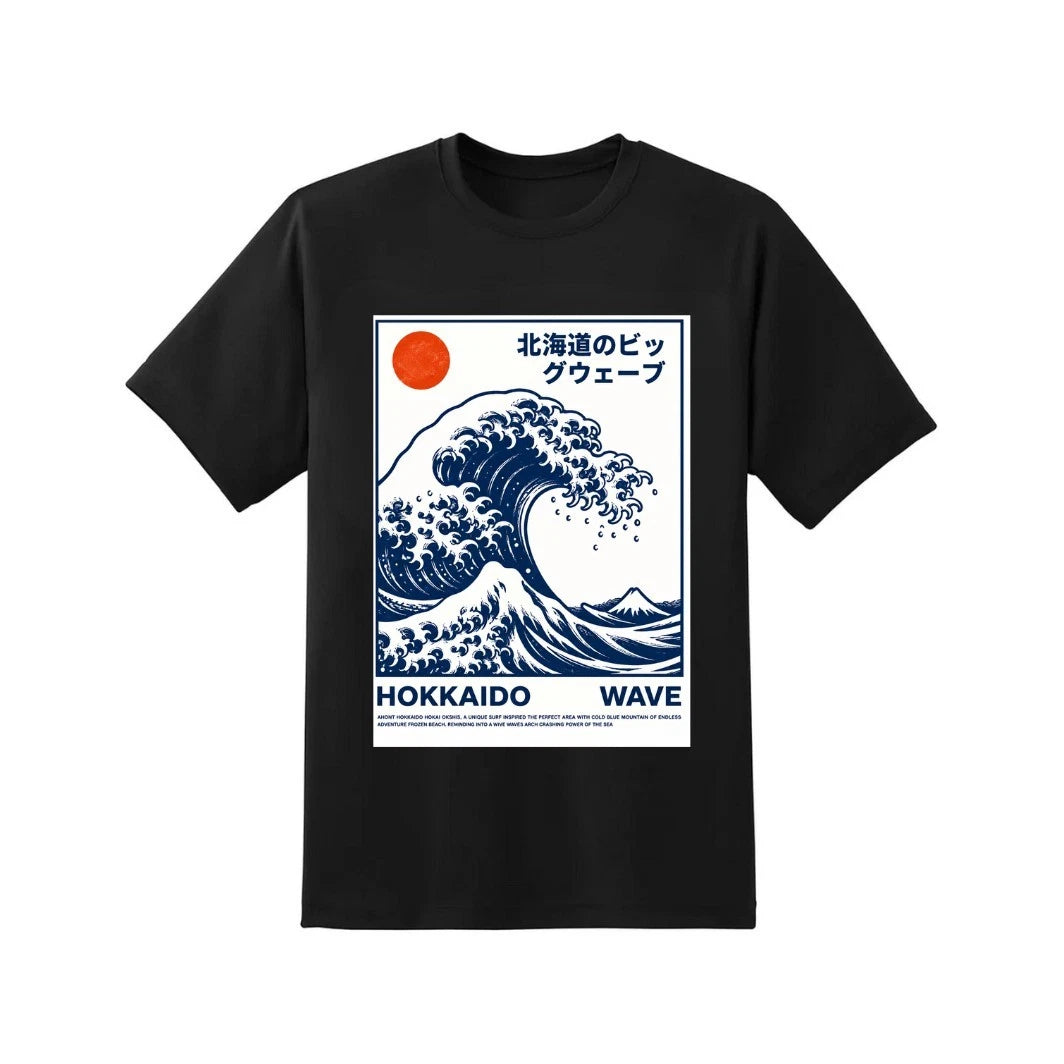 Hokkaido Wave Japanese Graphic T Shirt Men Women Retro Oversized Black Tee