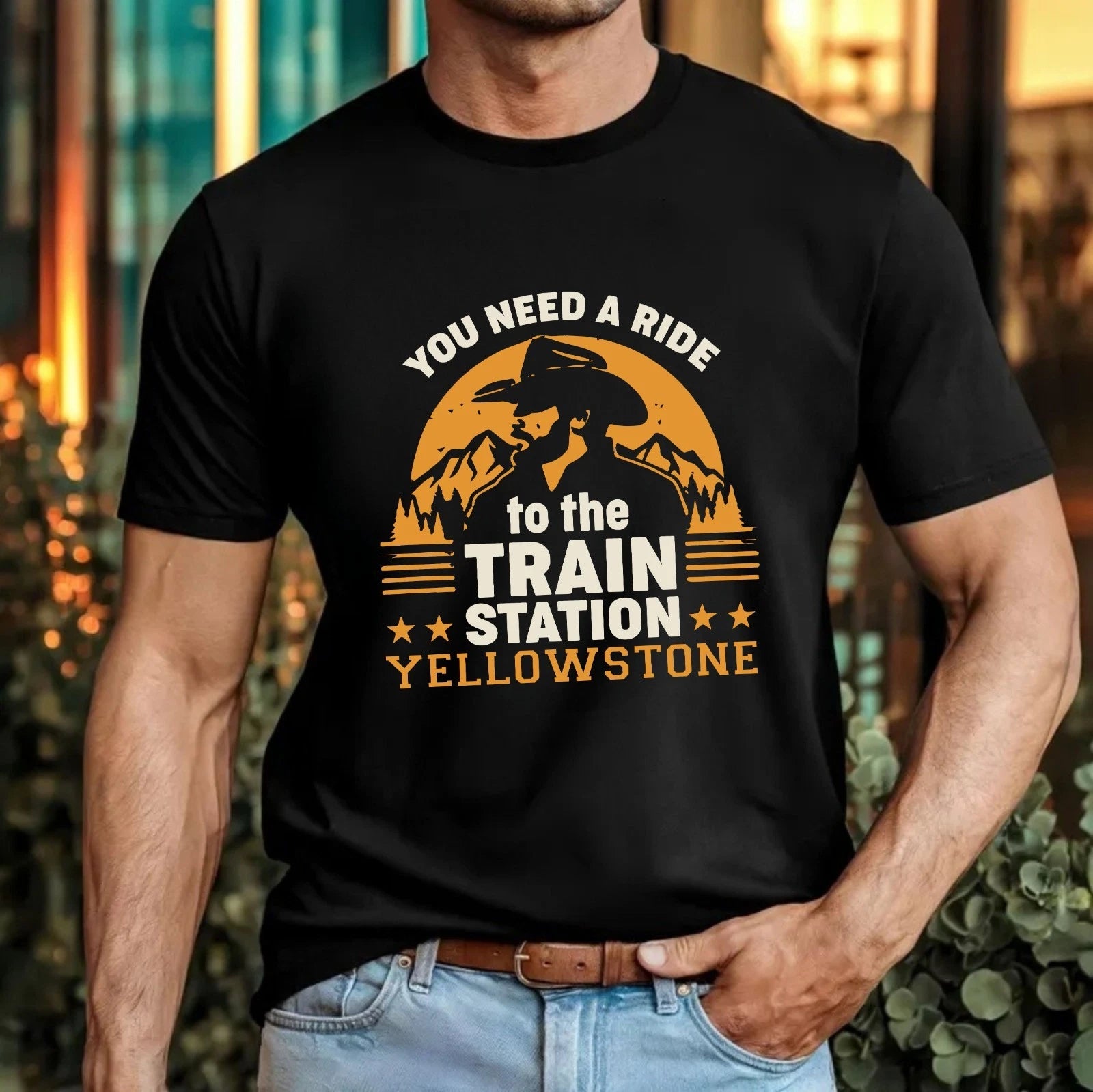 Yellowstone Train Station Cowboy T-Shirt Western Mountain Sunset Gift Tee Top