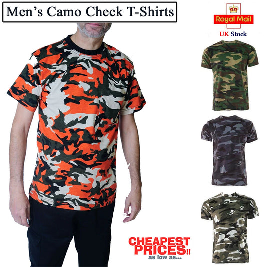 Men's Camo Check T Shirt Camouflage Top Army / Military / Hunting / Fishing UK