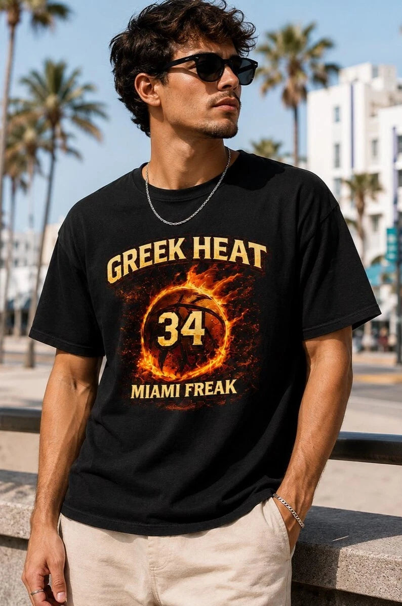 Flaming Basketball 34 Shirt | Vintage Miami Freak Graphic Tee | Antetokounmpo