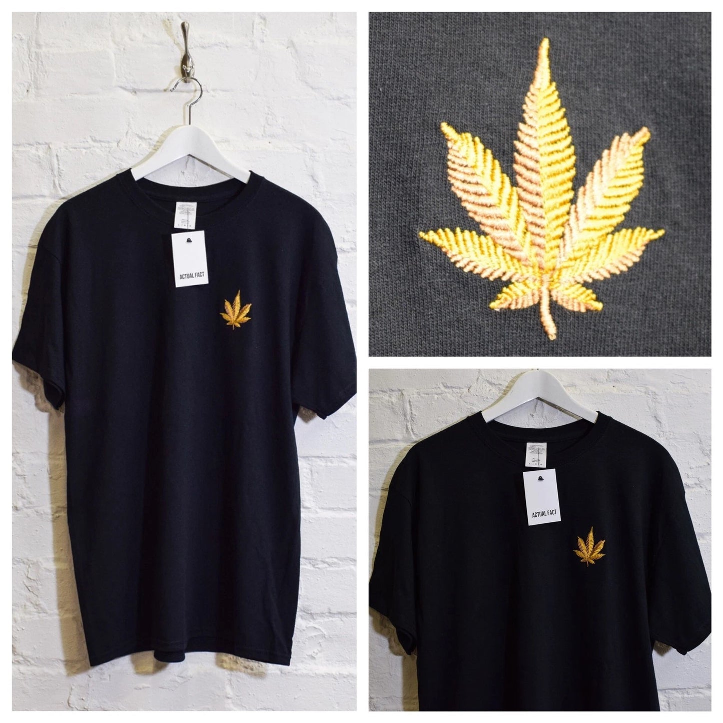 Actual Fact Ganja Leaf Embroidered Weed Black Tee T-Shirt