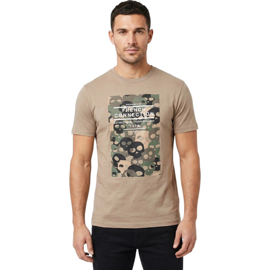 FCUK Mens T Shirts Camouflage Skull Printed Crew Neck Casual Summer Tees Beige