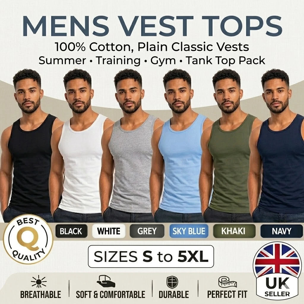 Mens Vest Tops 100% Cotton Plain Classic Vests Summer Training Gym Tank Top Pack