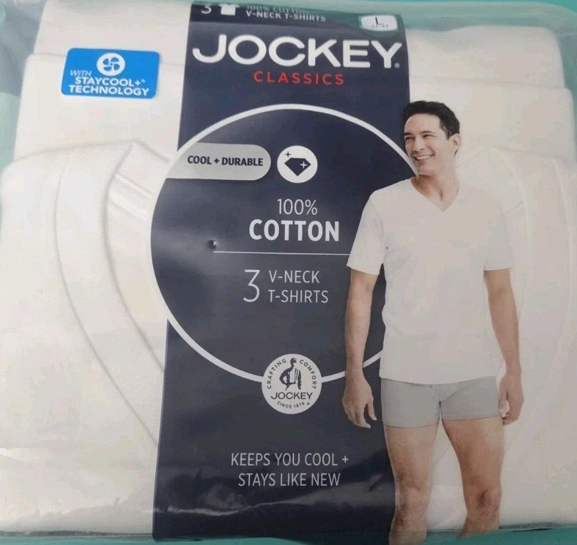 Jockey Classics 100% Cotton 3-pack V-Neck undershirt set white LARGE