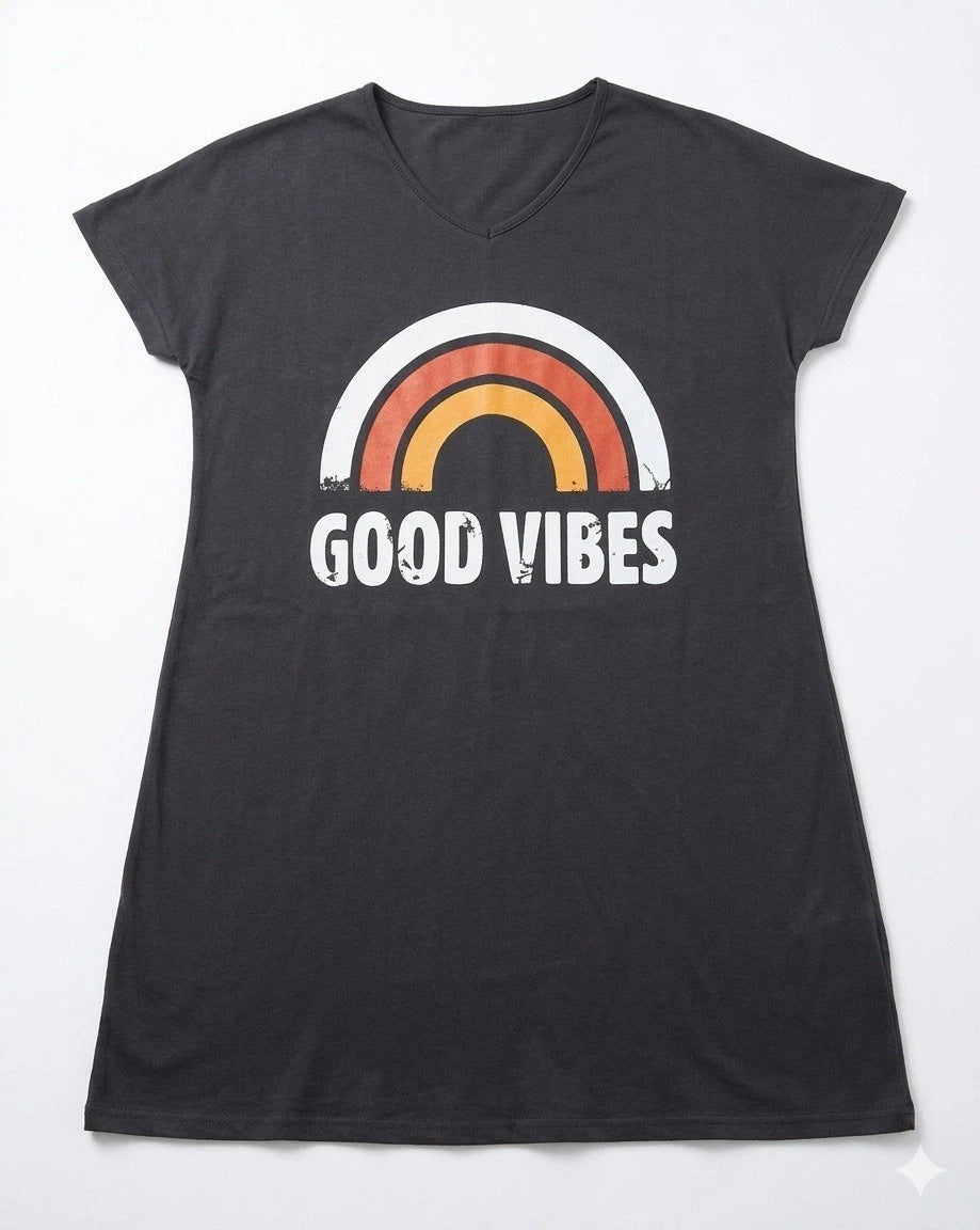 Good Vibes T Shirt 2XL Black Graphic Retro Rainbow V Neck Cute Tunic Tee 2X