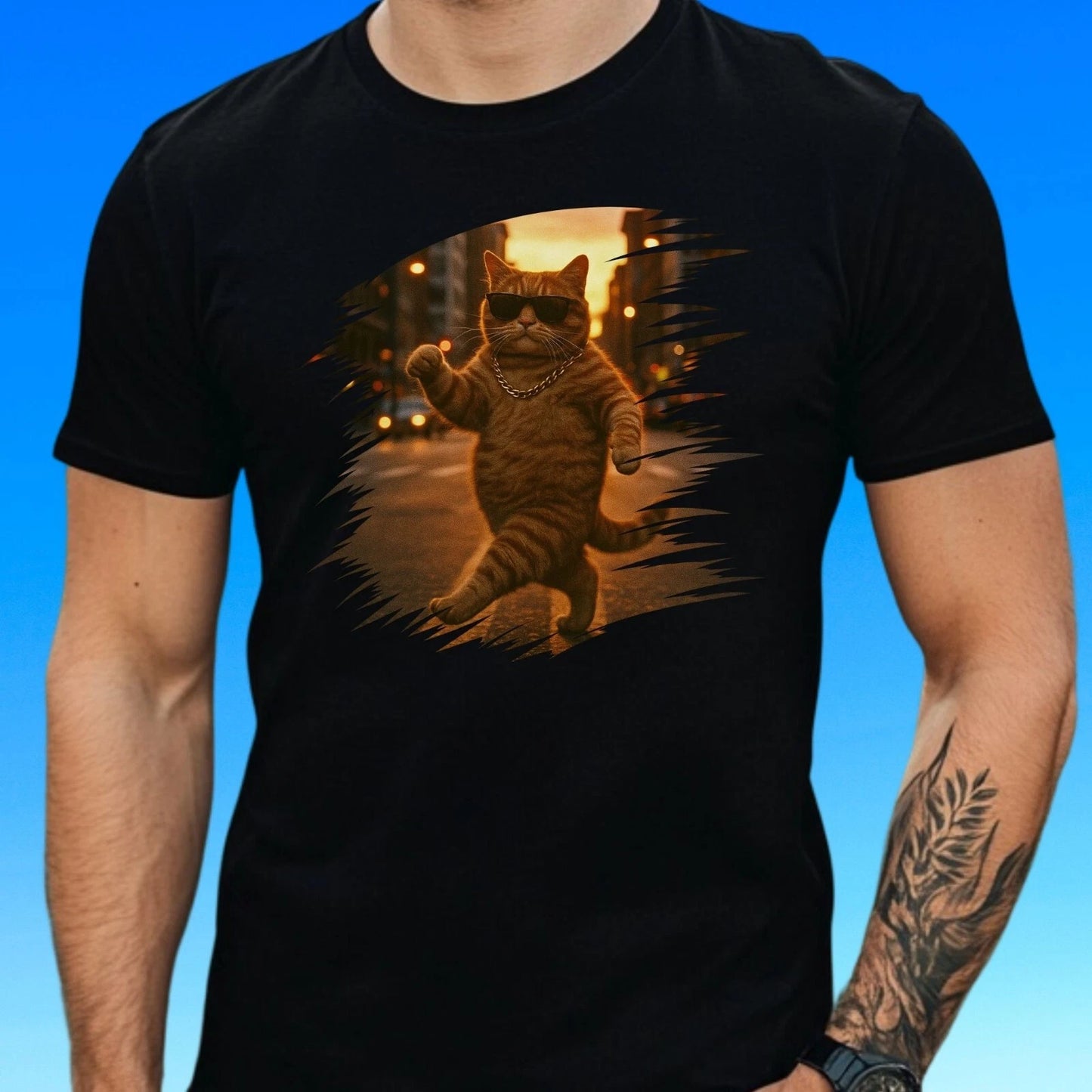 Mens Funny Cat Print Cotton T-Shirt Size XS to 5XL