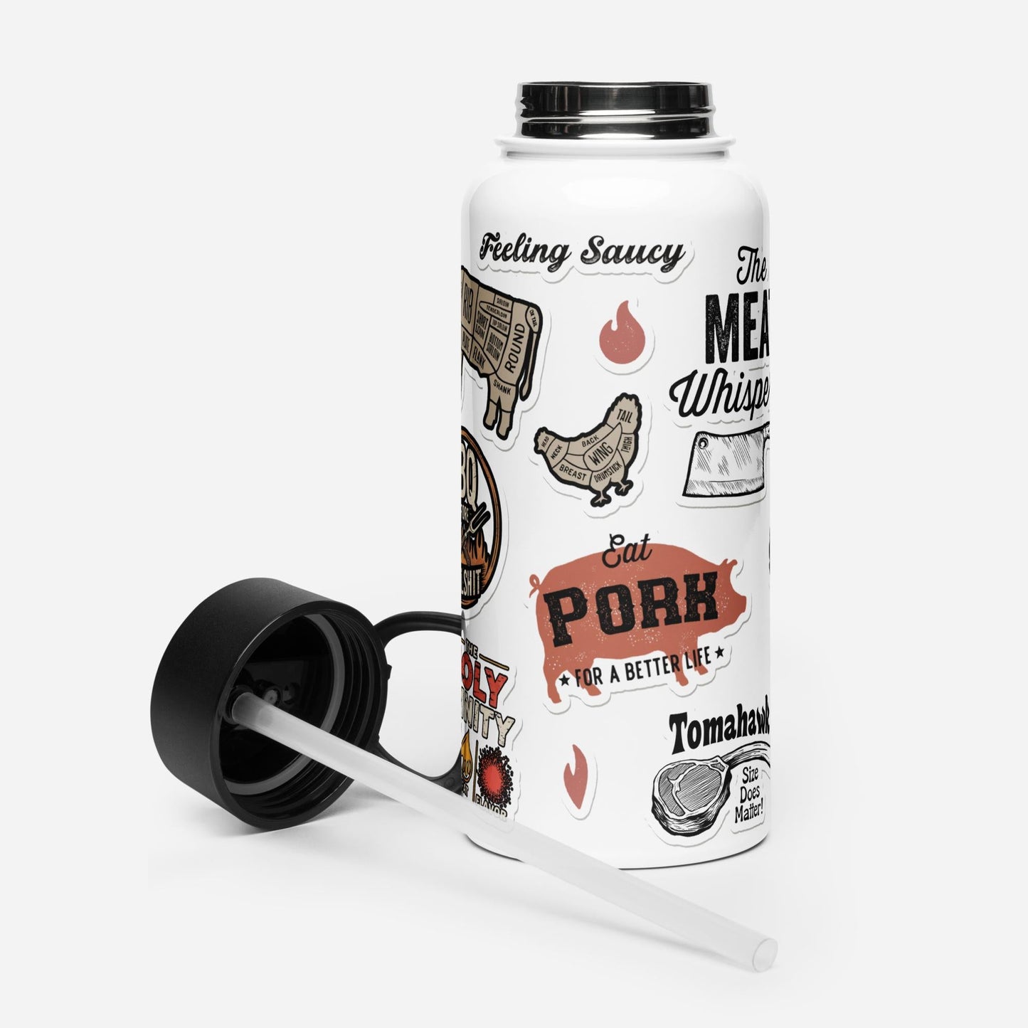 BBQ Sticker Style Stainless steel water bottle with a straw lid