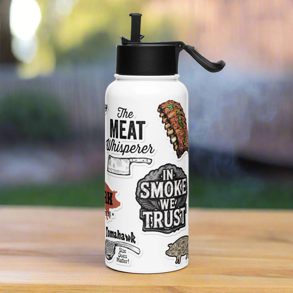 BBQ Sticker Style Stainless steel water bottle with a straw lid
