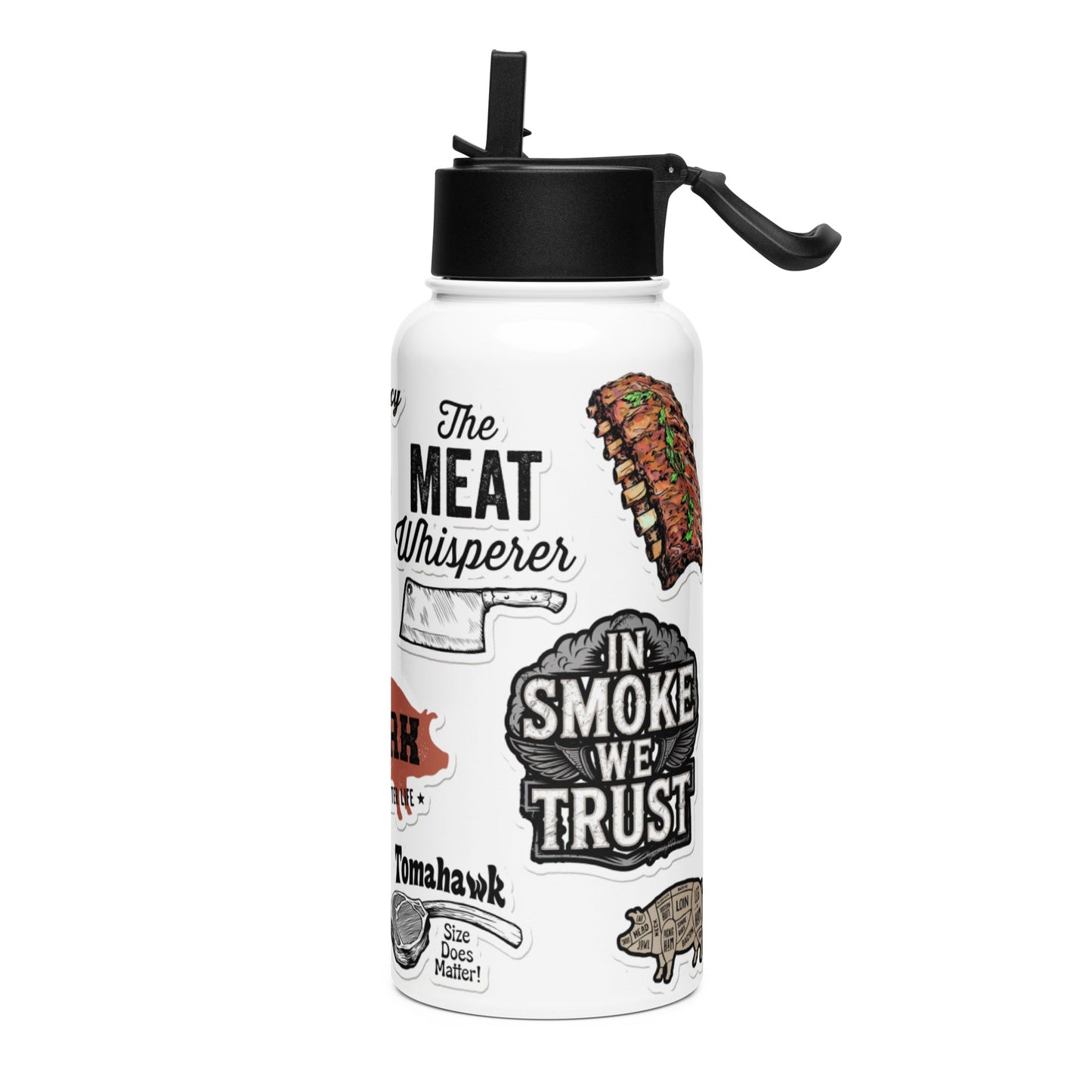 BBQ Sticker Style Stainless steel water bottle with a straw lid