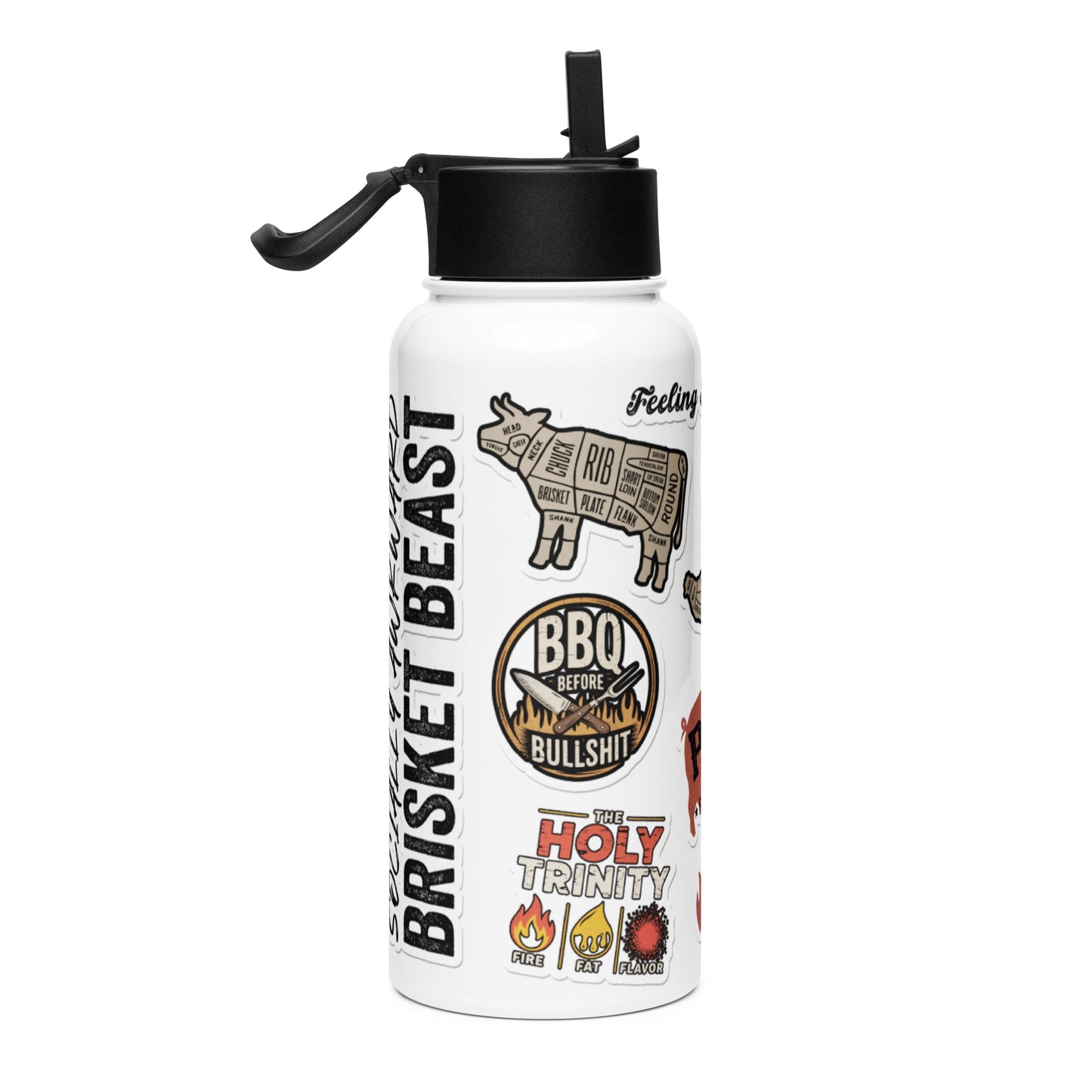 BBQ Sticker Style Stainless steel water bottle with a straw lid