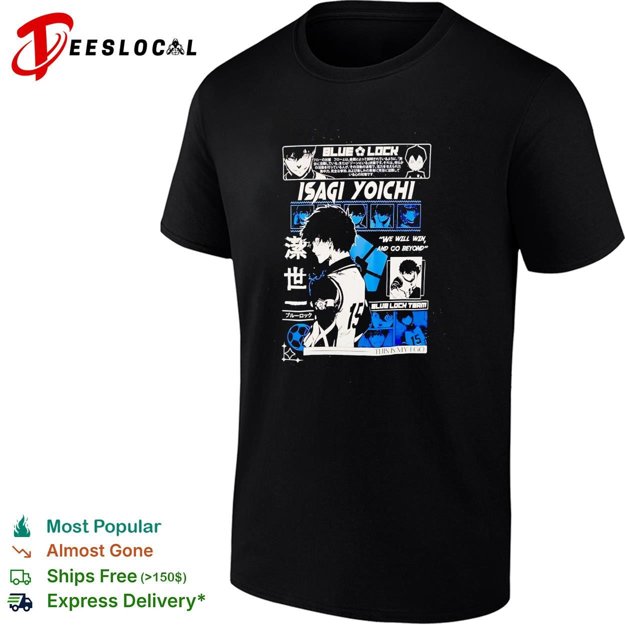Blue Lock Isagi Yoichi character profile manga panel collage black poster shirt
