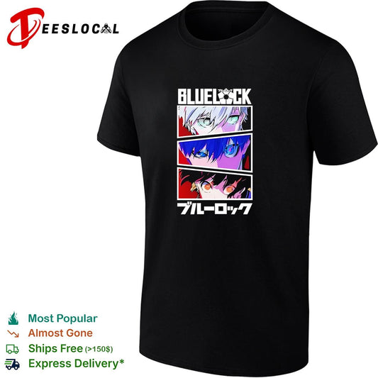 Blue Lock anime character eyes collage bold blue lettering manga graphic shirt