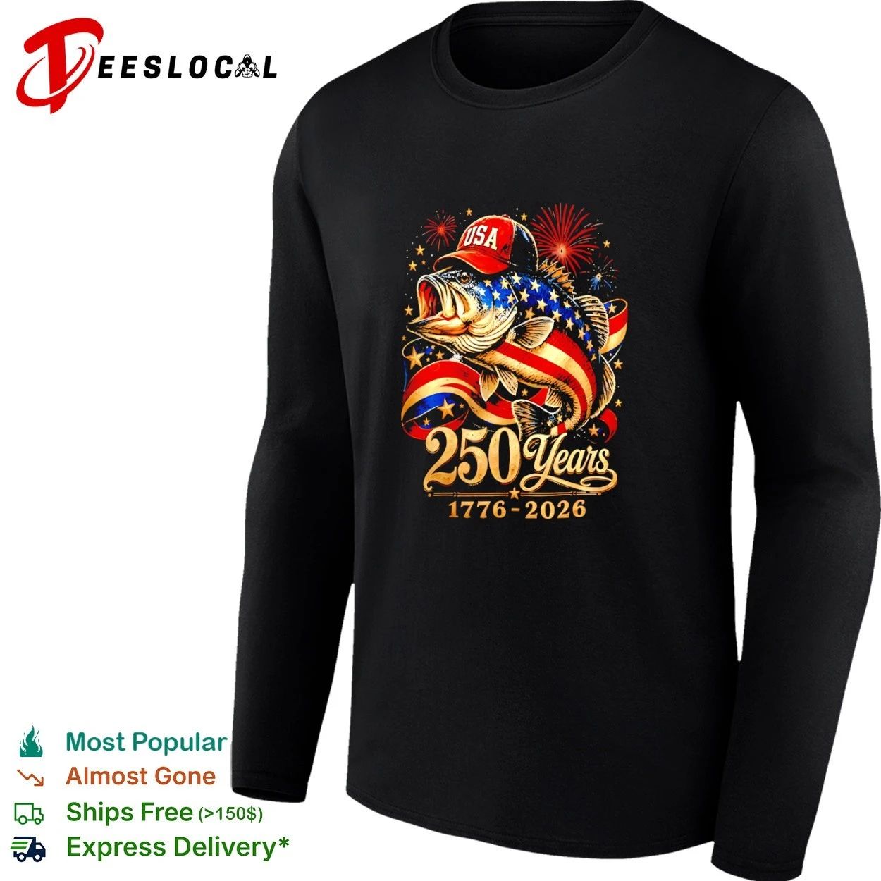 USA 250 Years 1776-2026 Patriotic Bass Fishing American Flag T-shirt