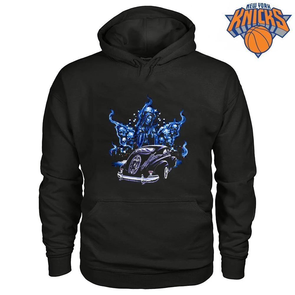 Chicano Art Virgin Mary Airbrush Lowrider Car Blue Flames Smoke Graphic Shirt