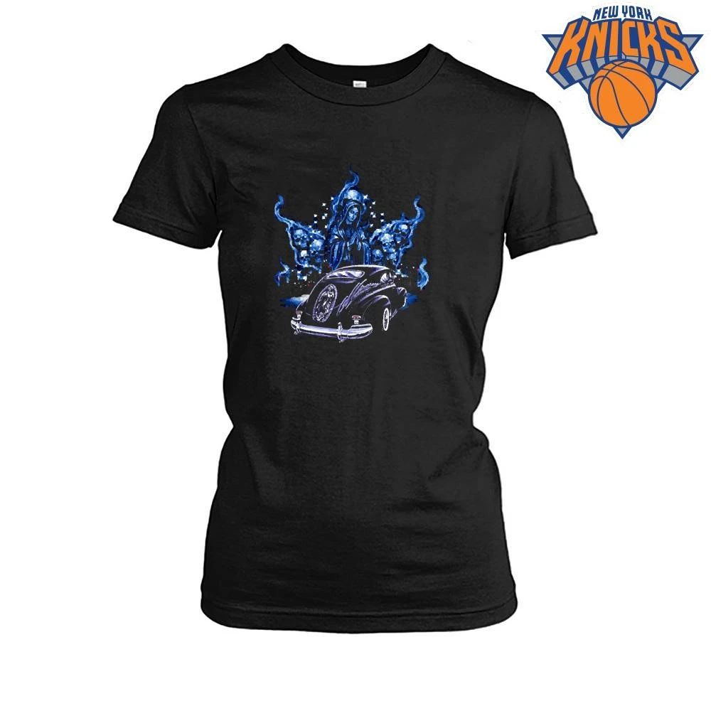 Chicano Art Virgin Mary Airbrush Lowrider Car Blue Flames Smoke Graphic Shirt