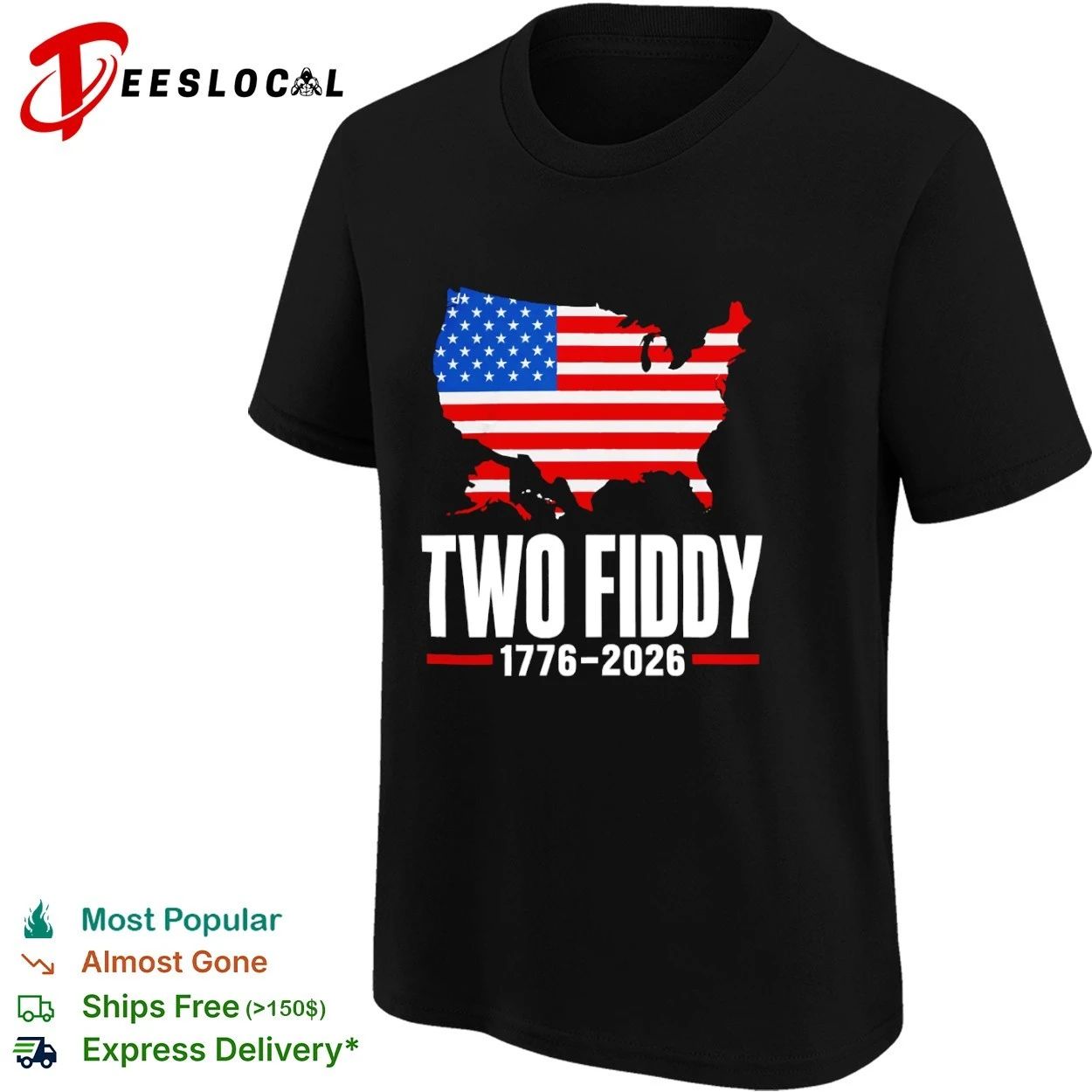 Two Fiddy 1776-2026 United States Map American Flag T-shirt