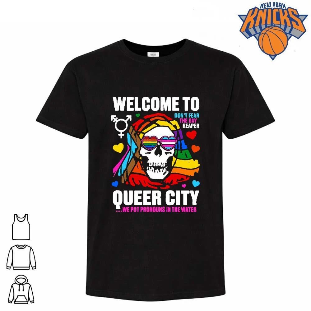 Welcome To Queer City We Put Pronouns In The Water Rainbow Pride Grim Reaper shirt
