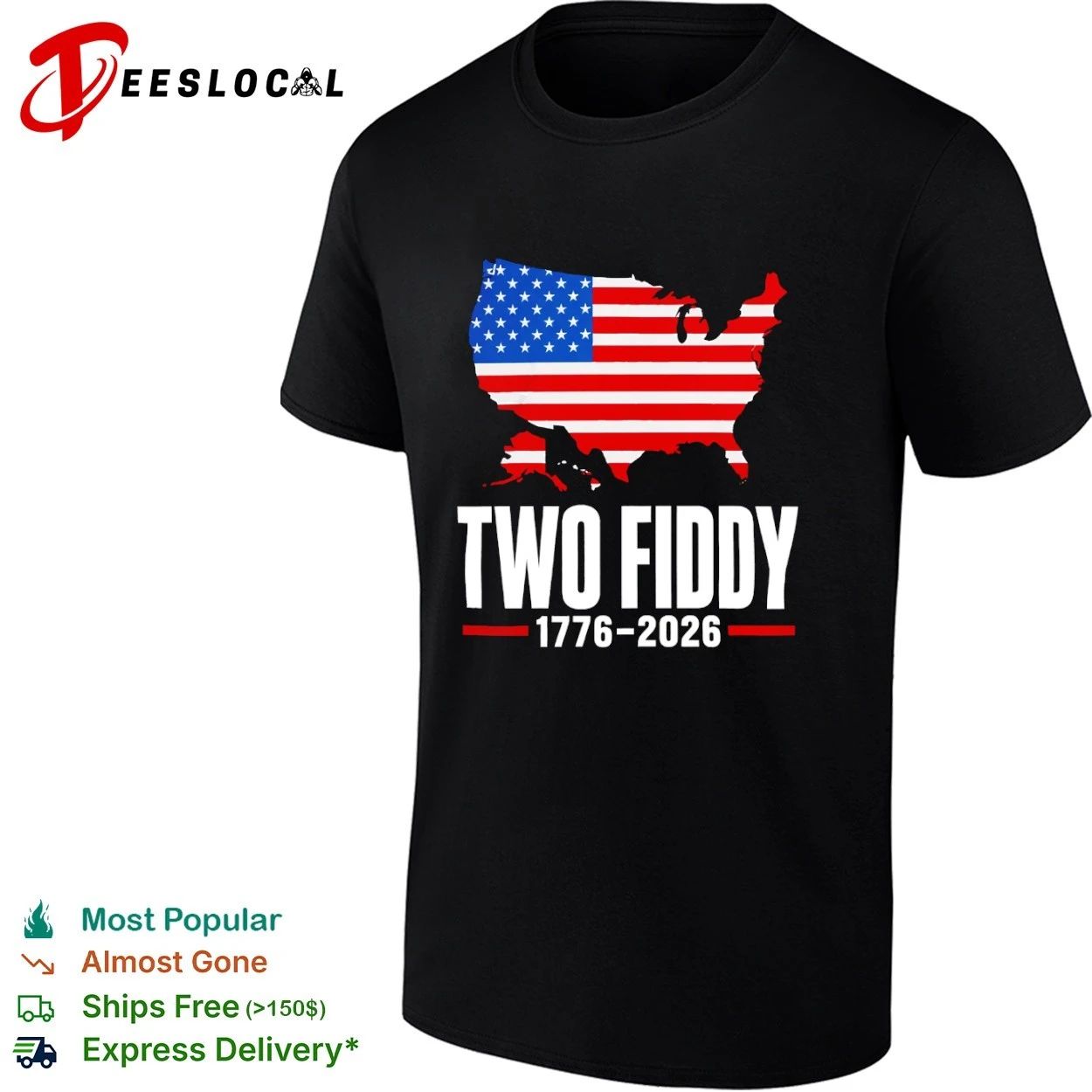 Two Fiddy 1776-2026 United States Map American Flag T-shirt