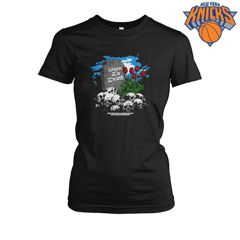 Born To Death Tombstone With Tulips Pile Of Skulls Graphic Print Gothic Streetwear Tee Shirt