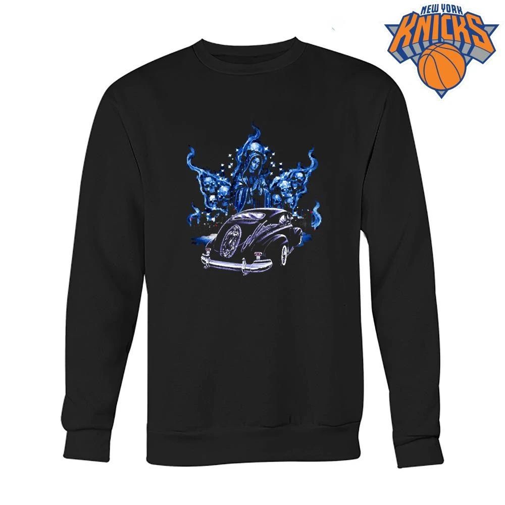 Chicano Art Virgin Mary Airbrush Lowrider Car Blue Flames Smoke Graphic Shirt