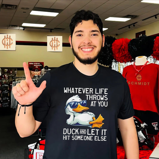 Whatever life throws at you duck and let it hit someone else cartoon duck shirt