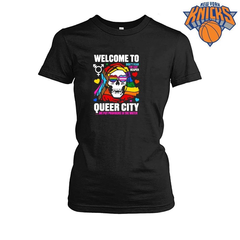 Welcome To Queer City We Put Pronouns In The Water Rainbow Pride Grim Reaper shirt