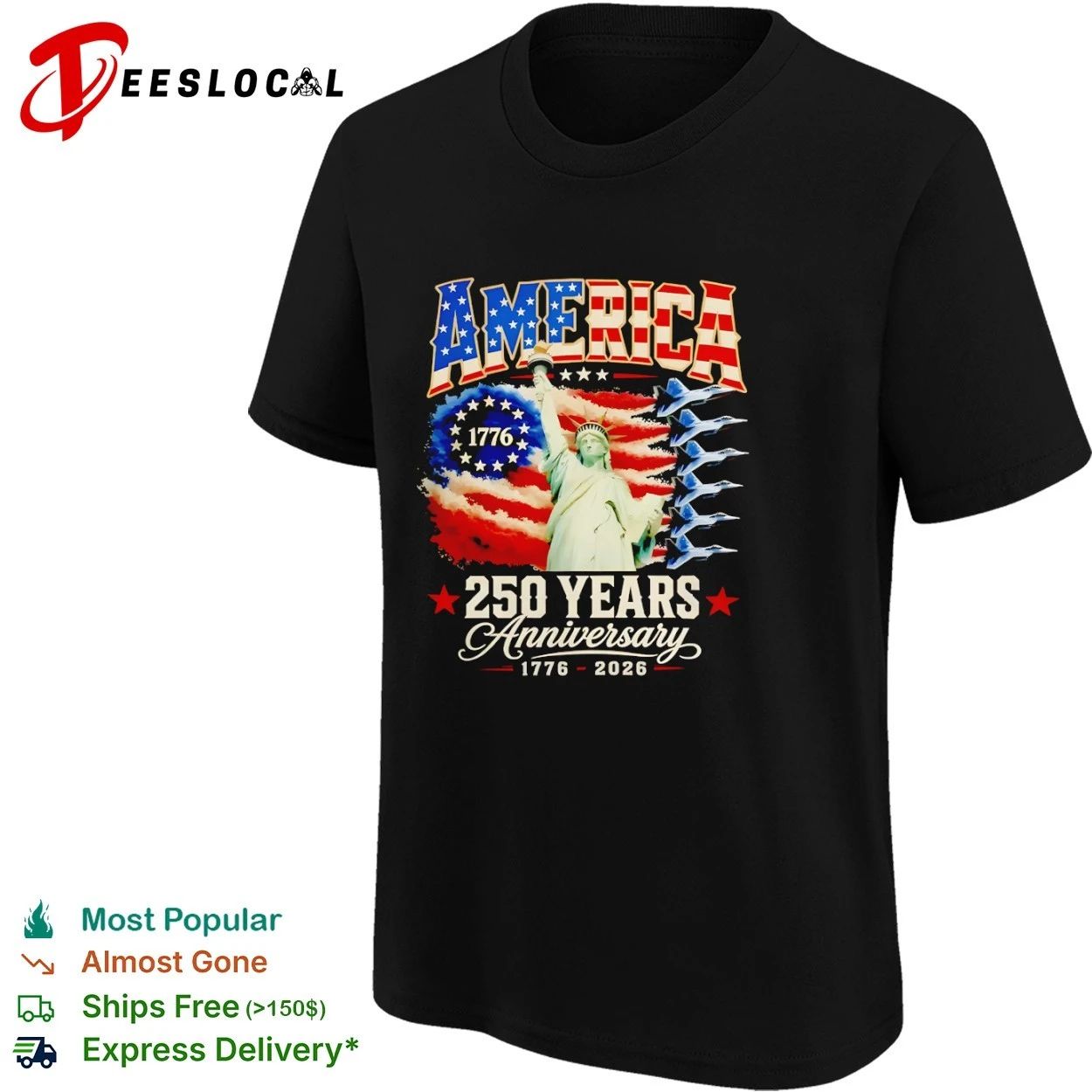 America 250 Years Anniversary 1776 2026 Statue of Liberty Fighter Jets T-shirt