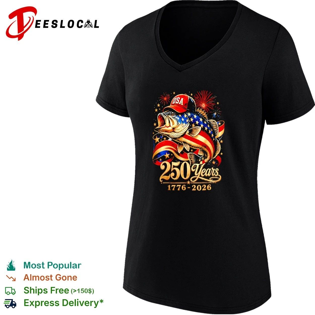 USA 250 Years 1776-2026 Patriotic Bass Fishing American Flag T-shirt