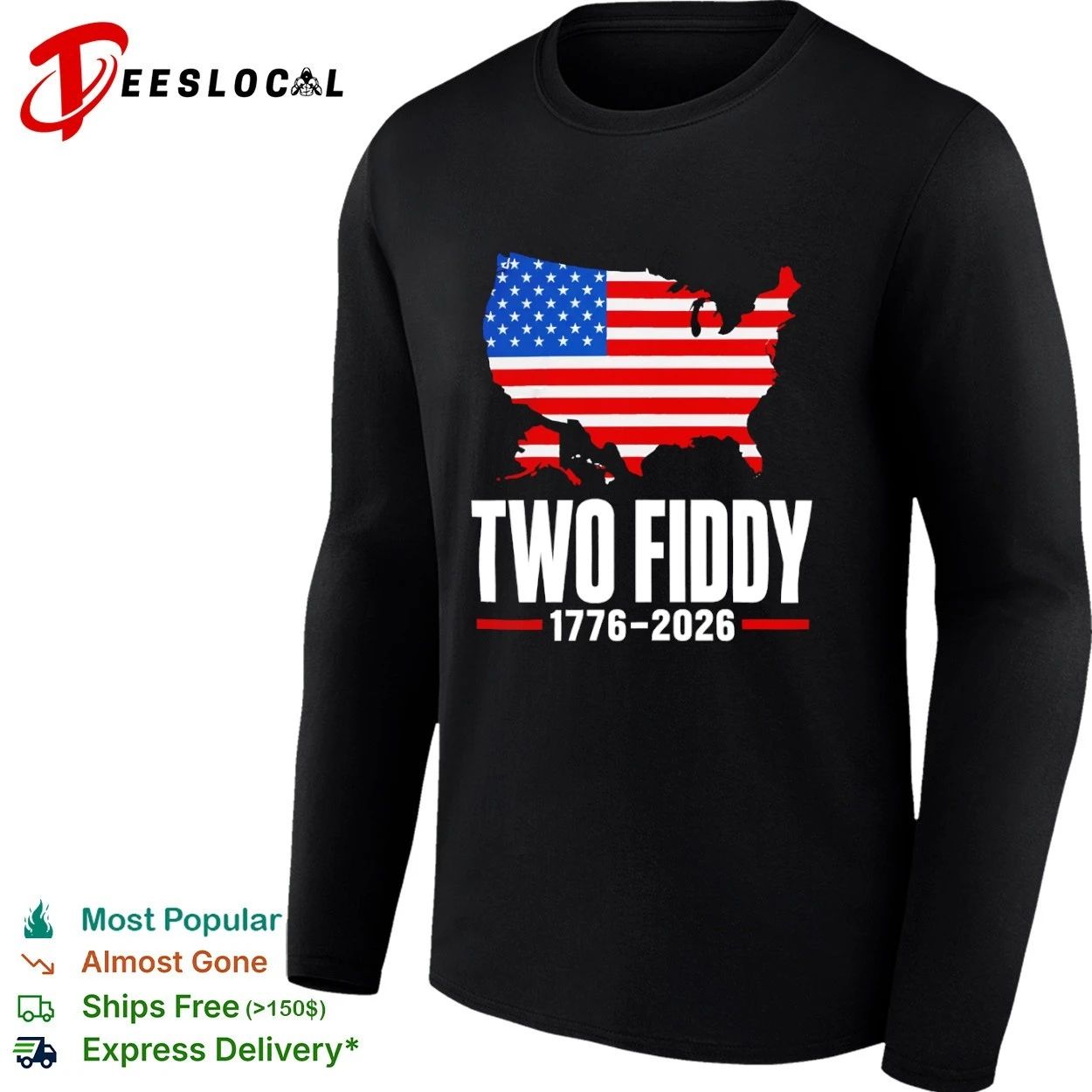 Two Fiddy 1776-2026 United States Map American Flag T-shirt