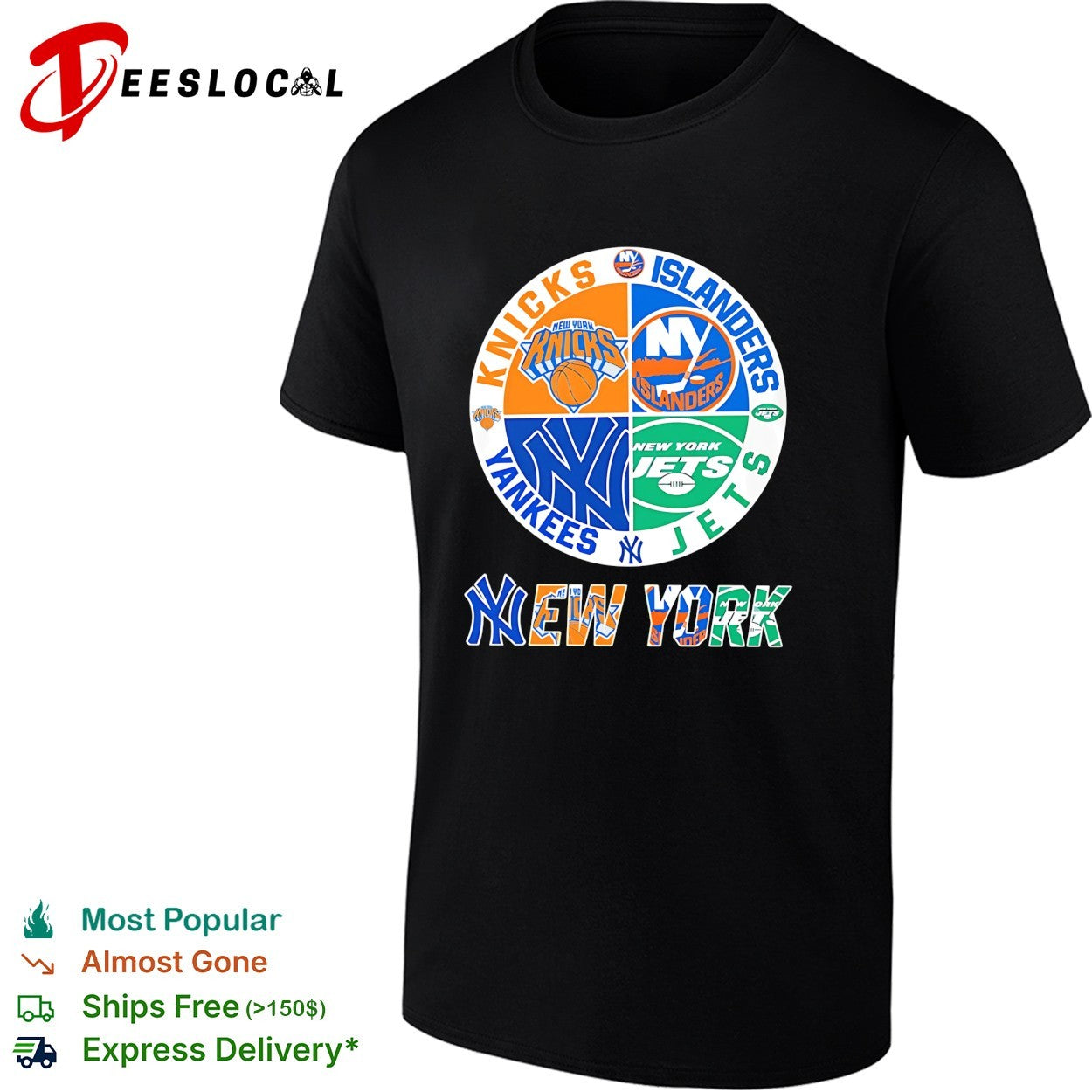 New York Knicks Islanders Yankees Jets four teams quadrant circle logo shirt
